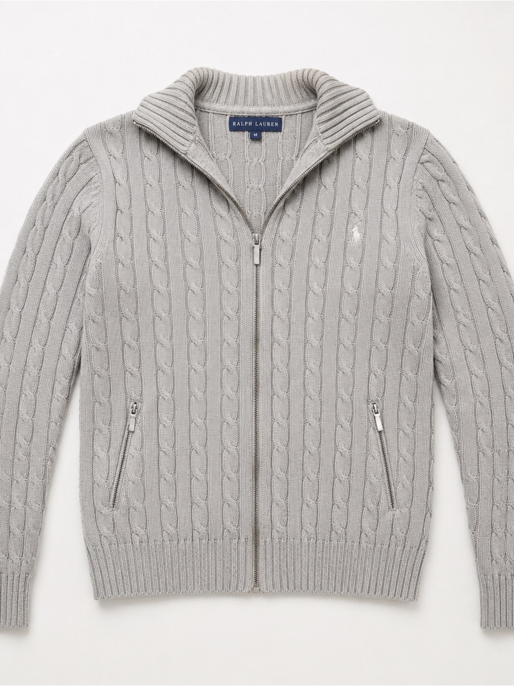 Polo by Ralph Lauren Light Gray Cable-Knit Zip-Up Sweater Jacket